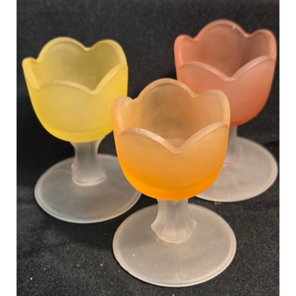 Vintage Frosted Glass Egg Cups Set 3 Pastel Pink Yellow Peach Tulip Rim 3.5”